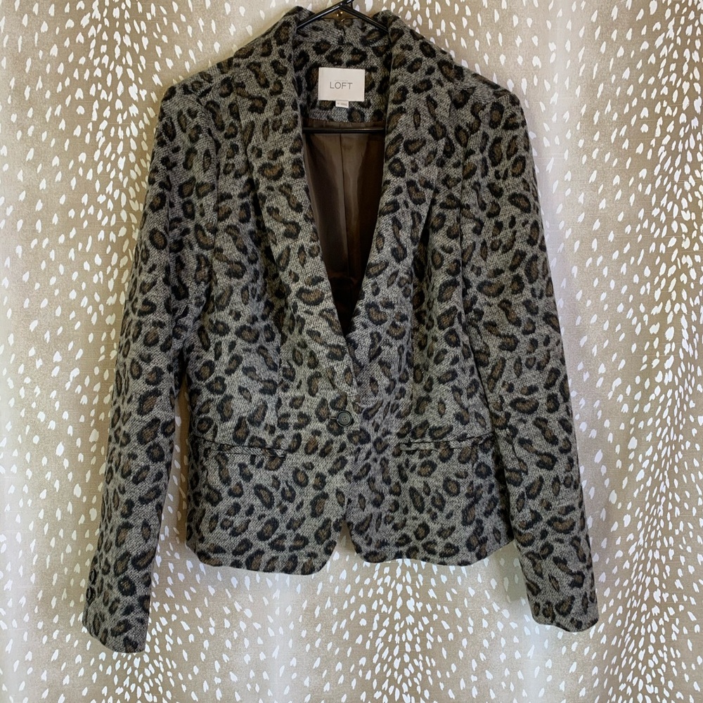 LOFT Gray Leopard Print Blazer Jacket